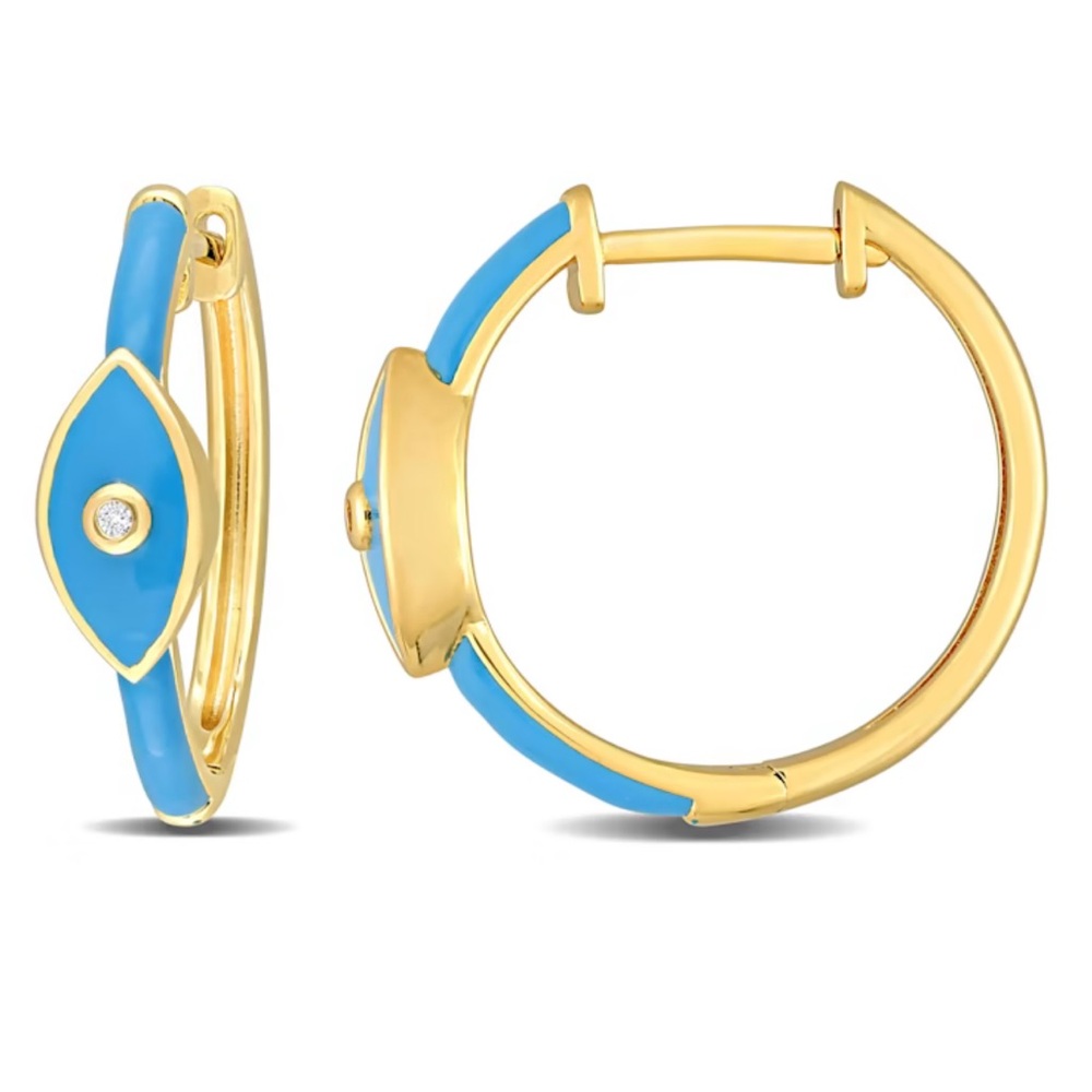 NEW!Evil Eye Enamel Hoop Earrings in Yellow Plated Sterling Silver 925